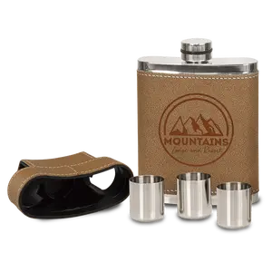 Customized 70z. Leather Flask with 3 Shot Glasses