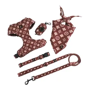 Adjustable Dog Harness, Leash, Poop Bag Holder/Dispenser and Bandana Set, No Pull, Soft Mesh Padded, for Small/Medium Dogs Outdoor Walking/Running