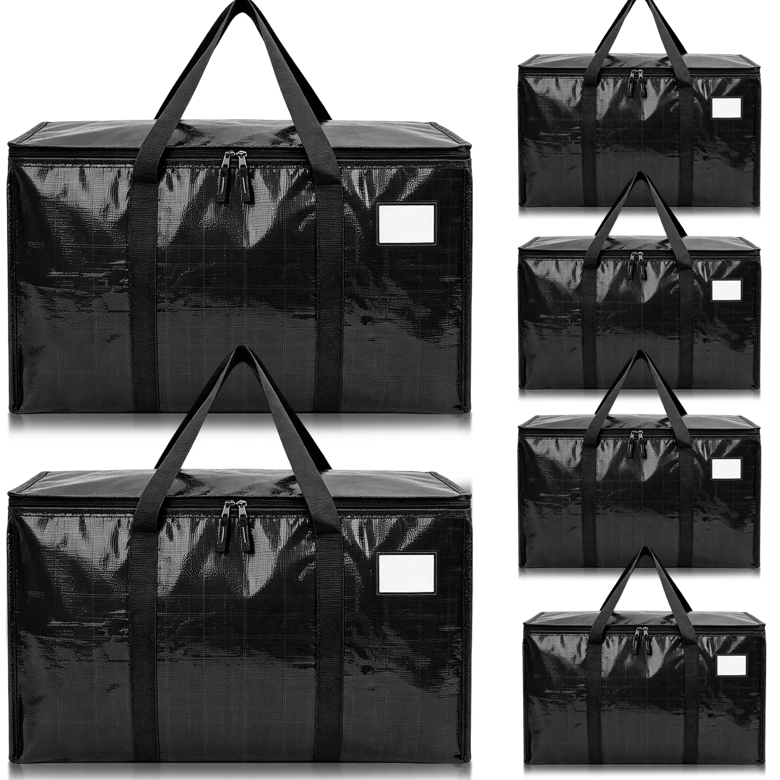 6 Pack Black Heavy-Duty PE Moving Storage Tote Bags, Large Capacity Zipper Bags with Reinforced Sturdy Handles, Foldable Storage Containers, Ideal Replacement for Moving Boxes for Dorm, Camping and Travel Packing