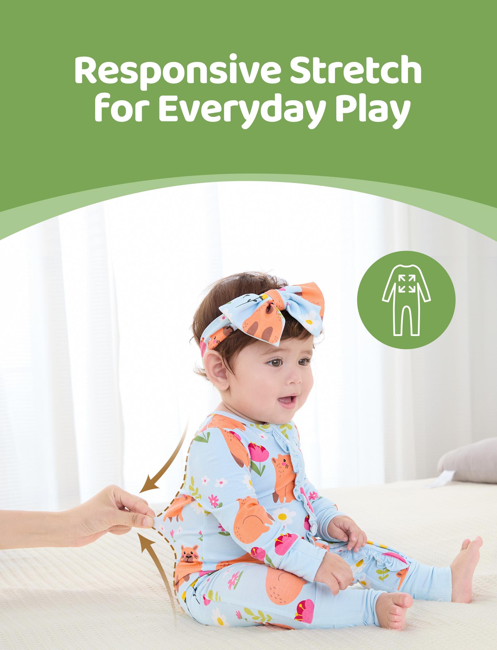 Bamboo Baby Boy/Girl Animal Printed 2-Way Zipper Anti Slip Long-sleeve Footie with Hairband Pink & Blue Floral Design