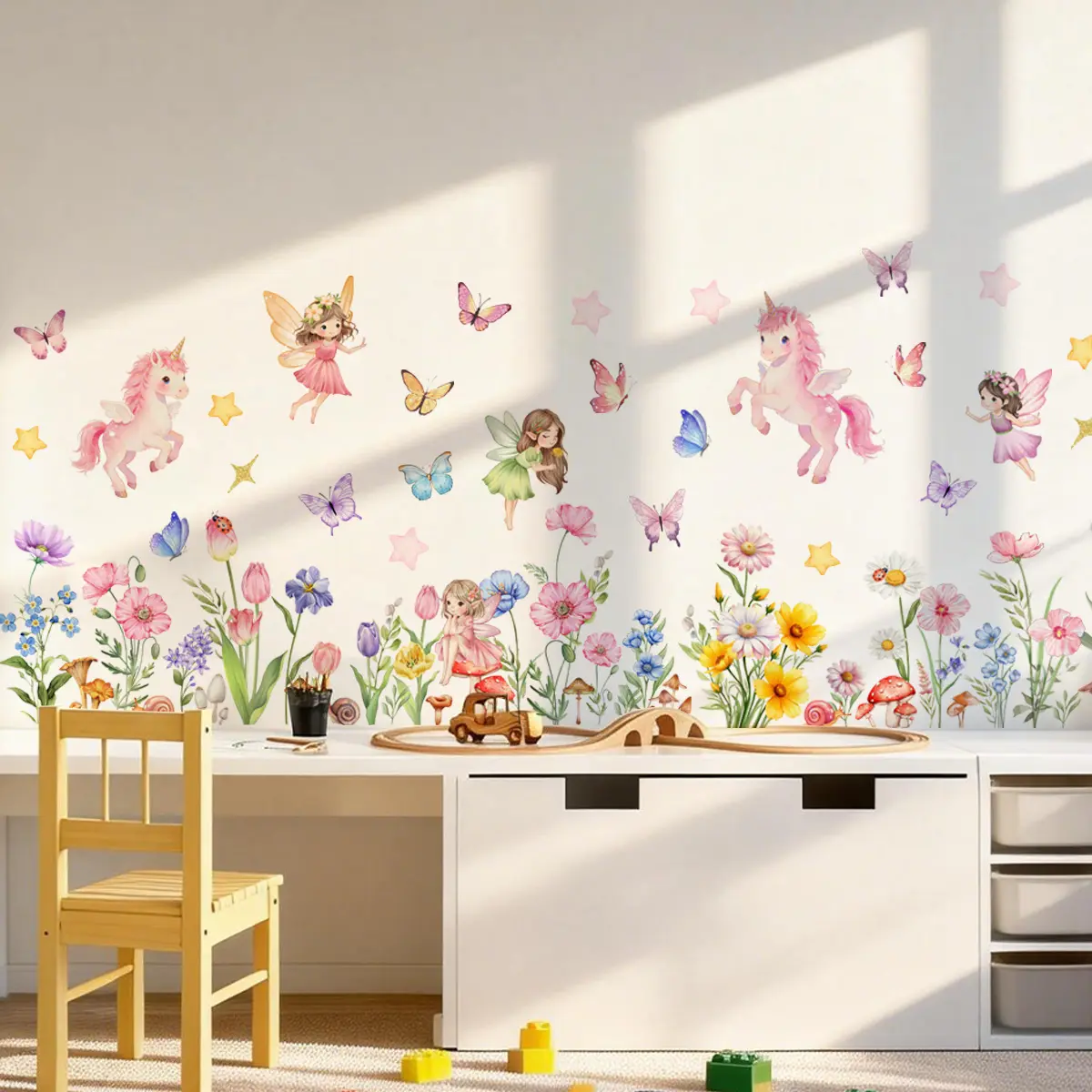 A set (30*90cm*2pcs) colorful flower, elf, butterfly and unicorn wall stickers, Cute Stickers, Art Stickers, Aesthetic Stickers for nursery, living room, hallway and children's room, home decoration stickers