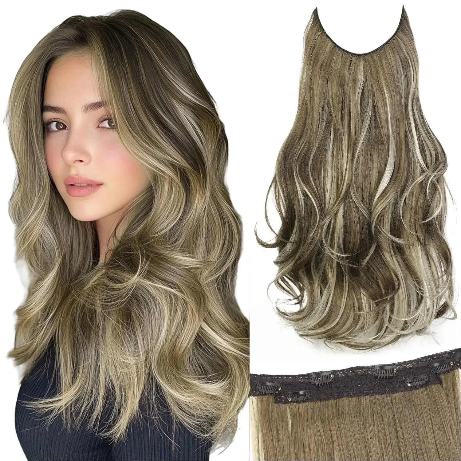 AISI HAIR Invisible Wire Hair Halo Extensions Long Straight Layered Synthetic with Transparent Adjustable Size 6 Secure Clips Hairpieces for Women 20 Inch Essential Tool Durable Sturdy Pre Cut Closure, Synthetic Soft Hair, Halo Hair Extension