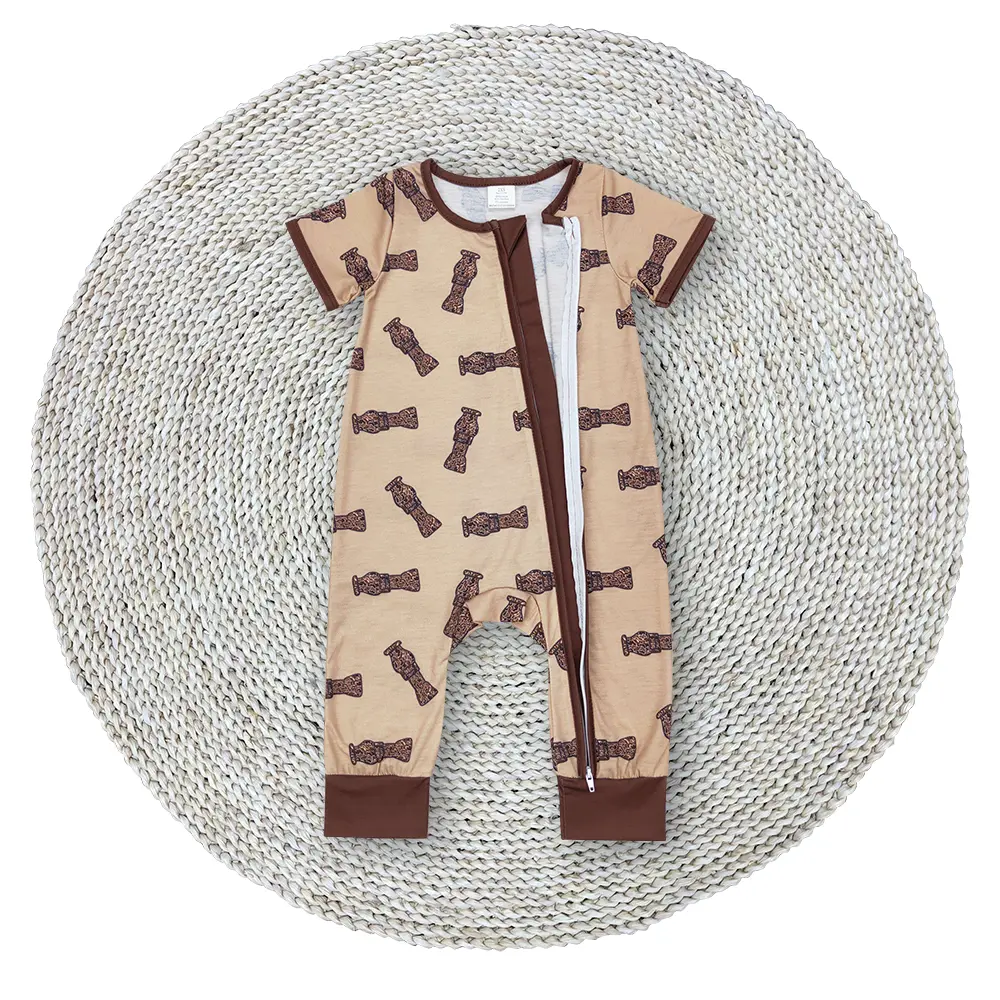 Baby Boys Infant Khaki Duck Call Camouflage Short Sleeve Round Neck Zip Footie Rompers Sleepwear