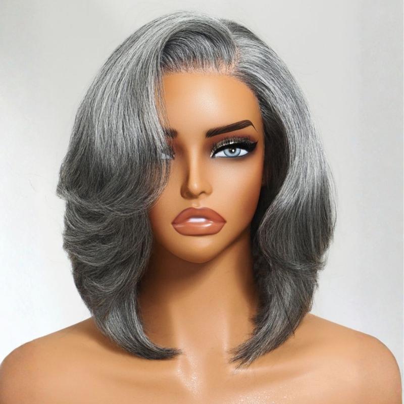 【Blowout Layered Bob】UNice Salt and Pepper Side Part Glueless Straight Bob Wig 6.5x1.5 Lace Closure Human Hair Wigs Silver Gray for Fashional Looking Beginners Friendly
