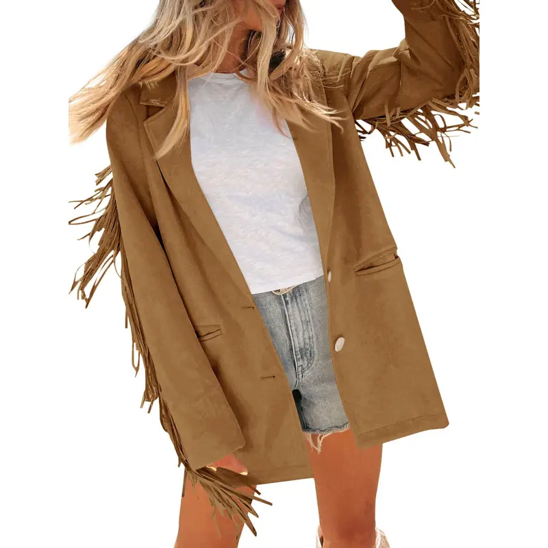 Cicy Bell Womens Faux Suede Fringe Jacket Casual Blazer Long Sleeve Lapel Button Front Suit Jackets