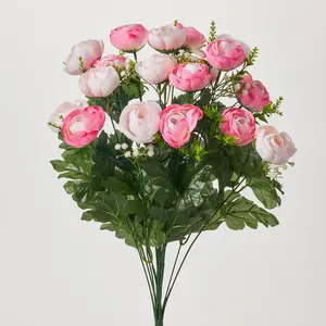 Cream & Pink Mixed Silk Seeding Ranunculus Blooms 18 Stem Faux Floral Bouquet - 21"