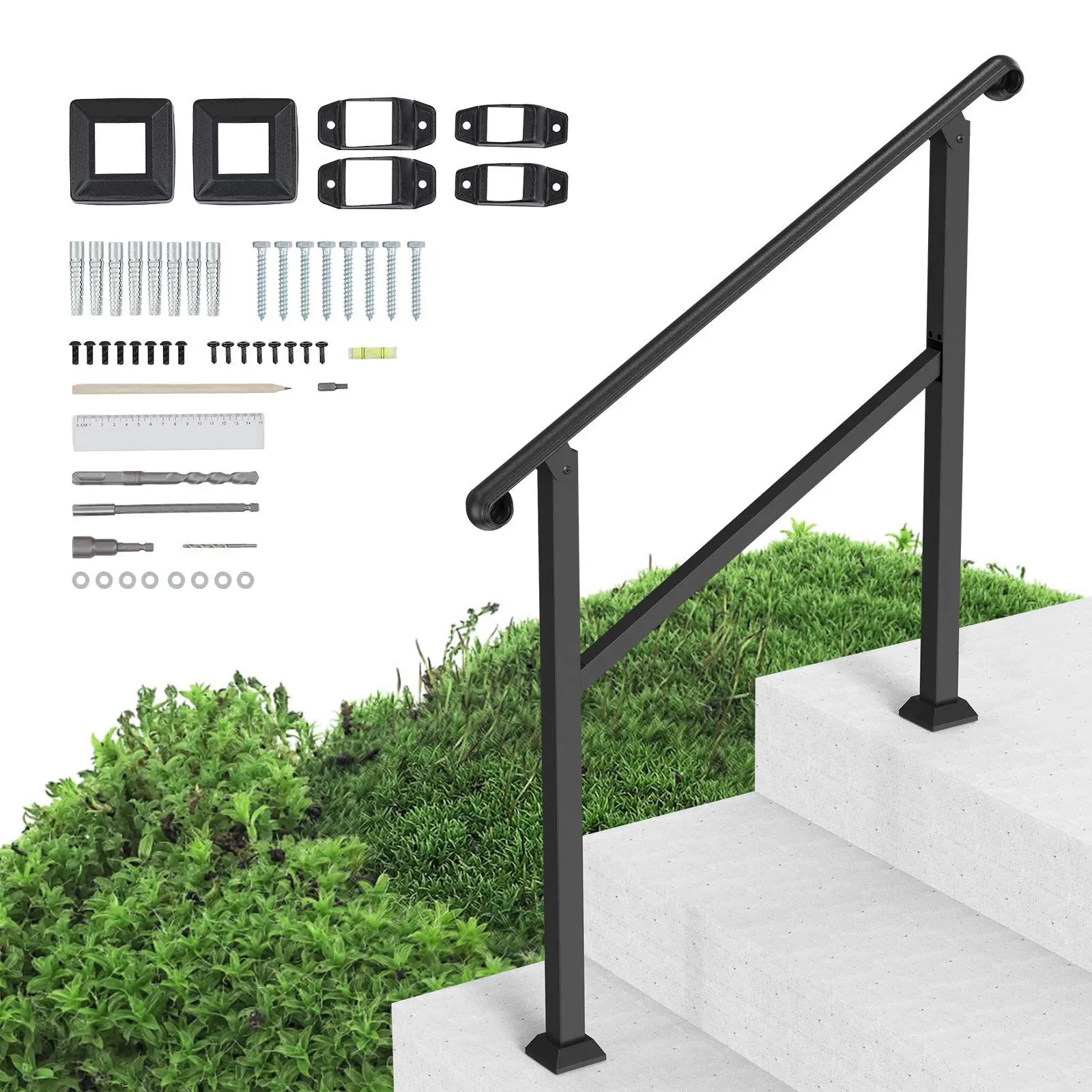 【SummerFinds】VEVOR Handrails for Outdoor Steps,  2-3 Step Stair Hand Rail & Indoor Railing Kit, Railings for Outside Steps with Installation Kit, Hand Rails for Seniors,Porch Railing & Deck Hand Rail, Black