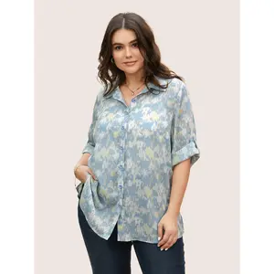 【Summer Turn-Up】【Essential】BlOOMCHIC Plus Size Shirt Collar Brush Print Tab Sleeve Blouse [M-6X] 2026 Summer Pick for Mother's Day