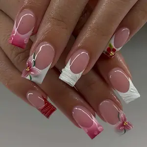 Hand Painted Floral French Press On Nails, 3D Acrylic Square Nail Art Set, Elegant Handmade Flower Nails, Romantic Spring Nail Design for Wedding Guest, Birthday Gift for Her, Garden Party Nails, Classic Floral Style