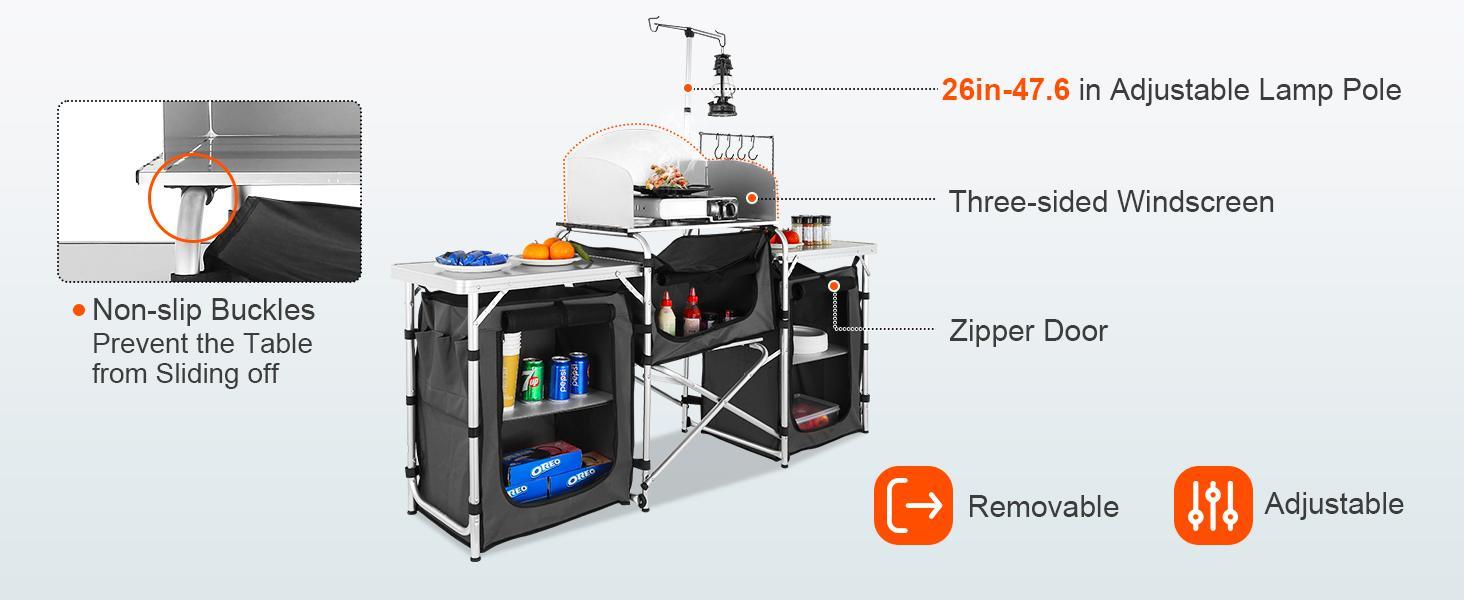 VEVOR Camping Kitchen Table, Folding Outdoor Cooking Table with Storage Carrying Bag, Aluminum Cook Station 3 Cupboard & Detachable Windscreen, Quick Set-up for Picnics, BBQ, RV Traveling VEVOR Camping Kitchen Table, Folding Outdoor Cooking Table with Storage Carrying Bag, Aluminum Cook Station 3 Cupboard & Detachable Windscreen, Quick Set-up for Picnics, BBQ, RV Traveling