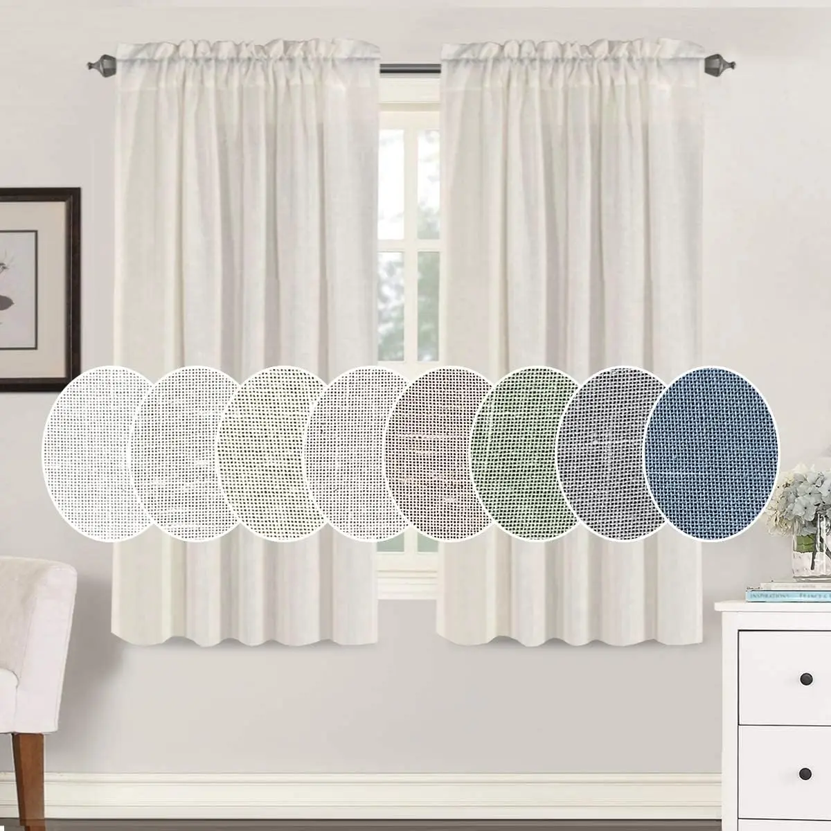 H.VERSAILTEX 2-Panel Natural Linen Textured Curtains, Rod Pocket, Sheer Light Filtering Semi-Transparent Lightweight Drapes for Bedroom, Living Room, Farmhouse Decor, Linen Curtains, Farmhouse Curtains
