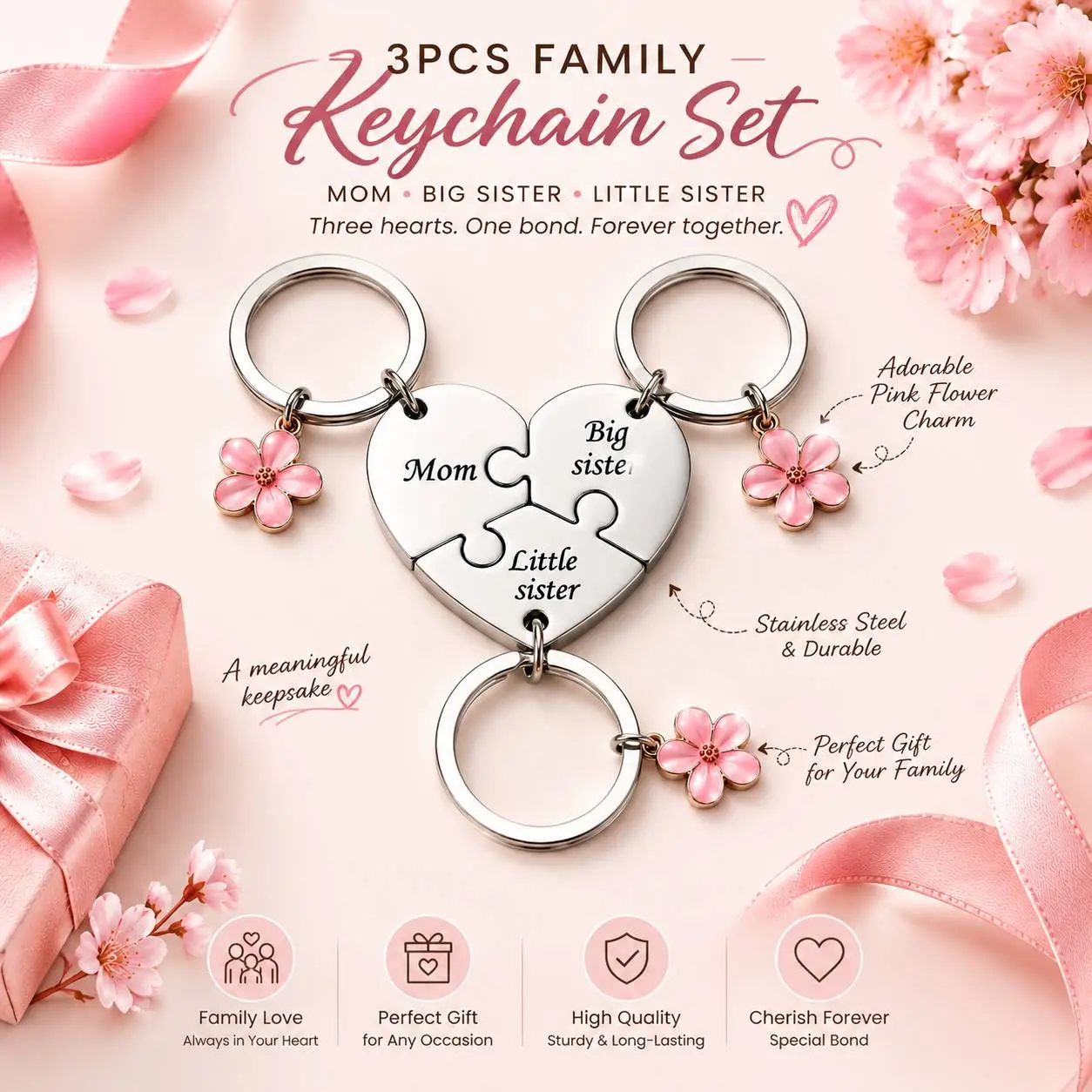 【Mother's Day Gift】Family Keychain Set - 3-Piece Letter & Heart Shape Fashion Accessory for Moms & Sisters, Meaningful Bonds Family Gifts for Mother's Day, Birthday, Mothers Day Gift Sister, Stainless Steel