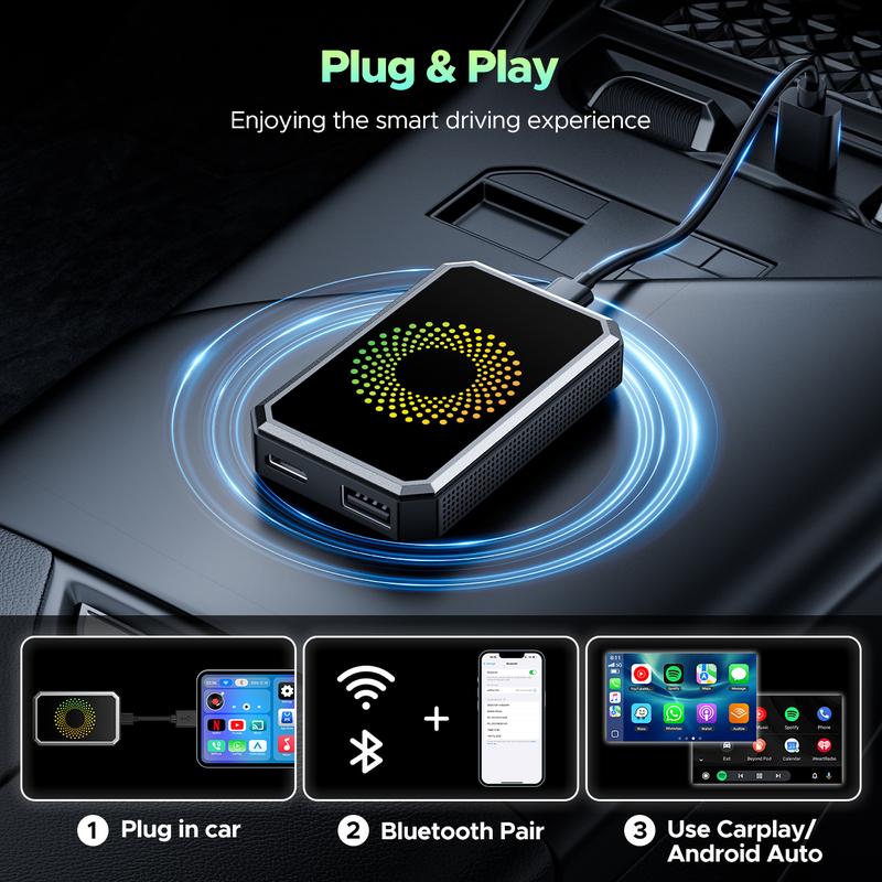 【JumpstartSale】LAMTTO Wired to Wireless Carplay Adapter【Not support for Tesla & BMW】Supports Netflix/Youtube/TikTok APP to Play Video on a Car Screen (Do Not Support Vehicles with Built-in Wireless CarPlay) ,Your Entertainment Co-pilot on the Road!
