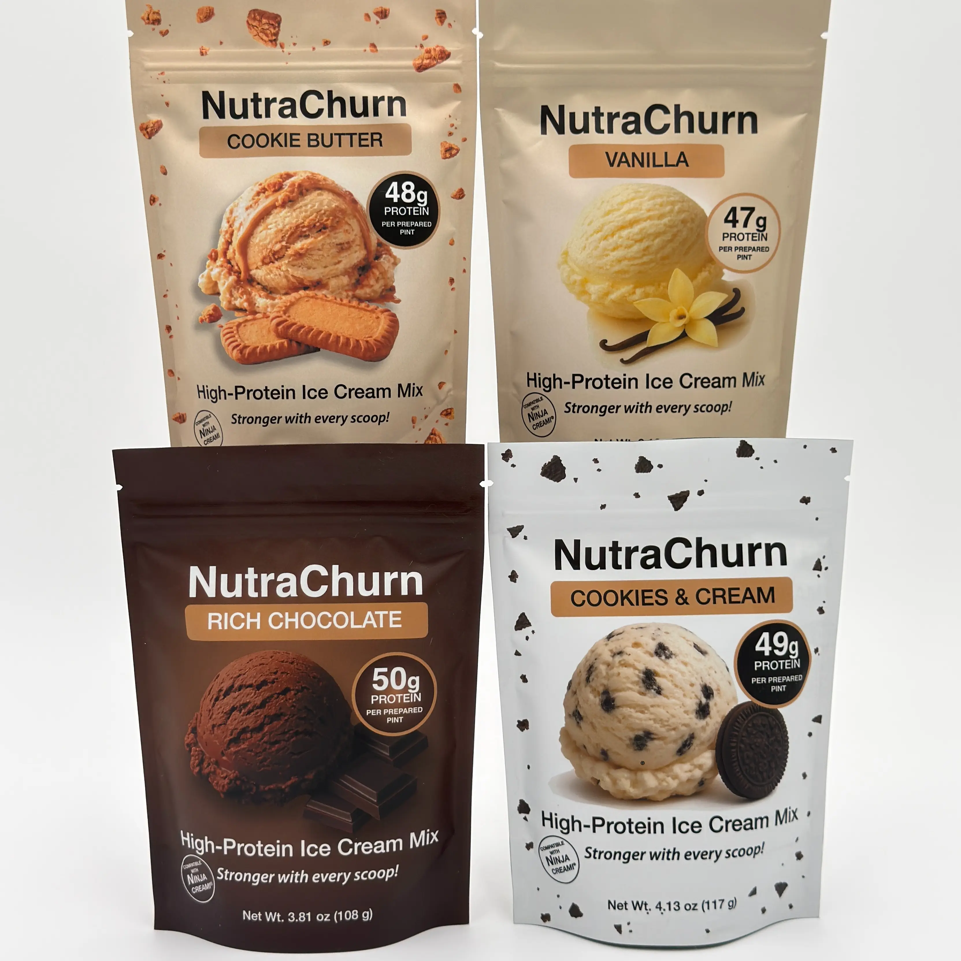 NutraChurn High Protein Ice Cream Mix 4-Pack Variety - 47-50g Protein Per Unit, Ninja Creami Compatible, Chocolate, Vanilla, Cookies & Cream, Cookie Butter Flavors, Flavor