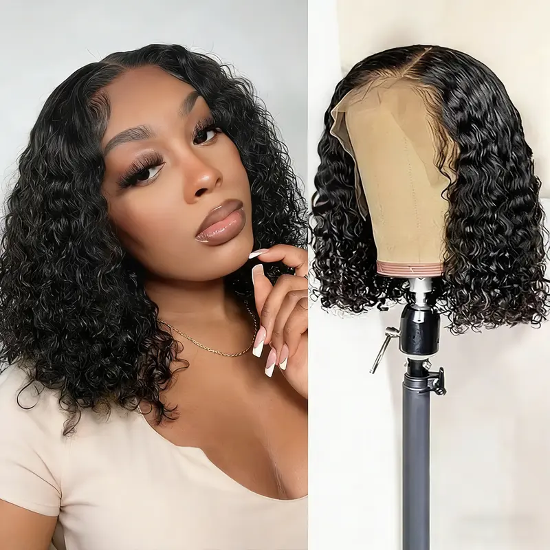 Women's 16-Inch Short Lace Front Bob Kinky Curly 100% Human Hair Wig, 180 High Density 13x4 Frontlace Wig with Pre-Plucked Line, Adjustable Headband, Available in 14,16,18,20,22 Inches