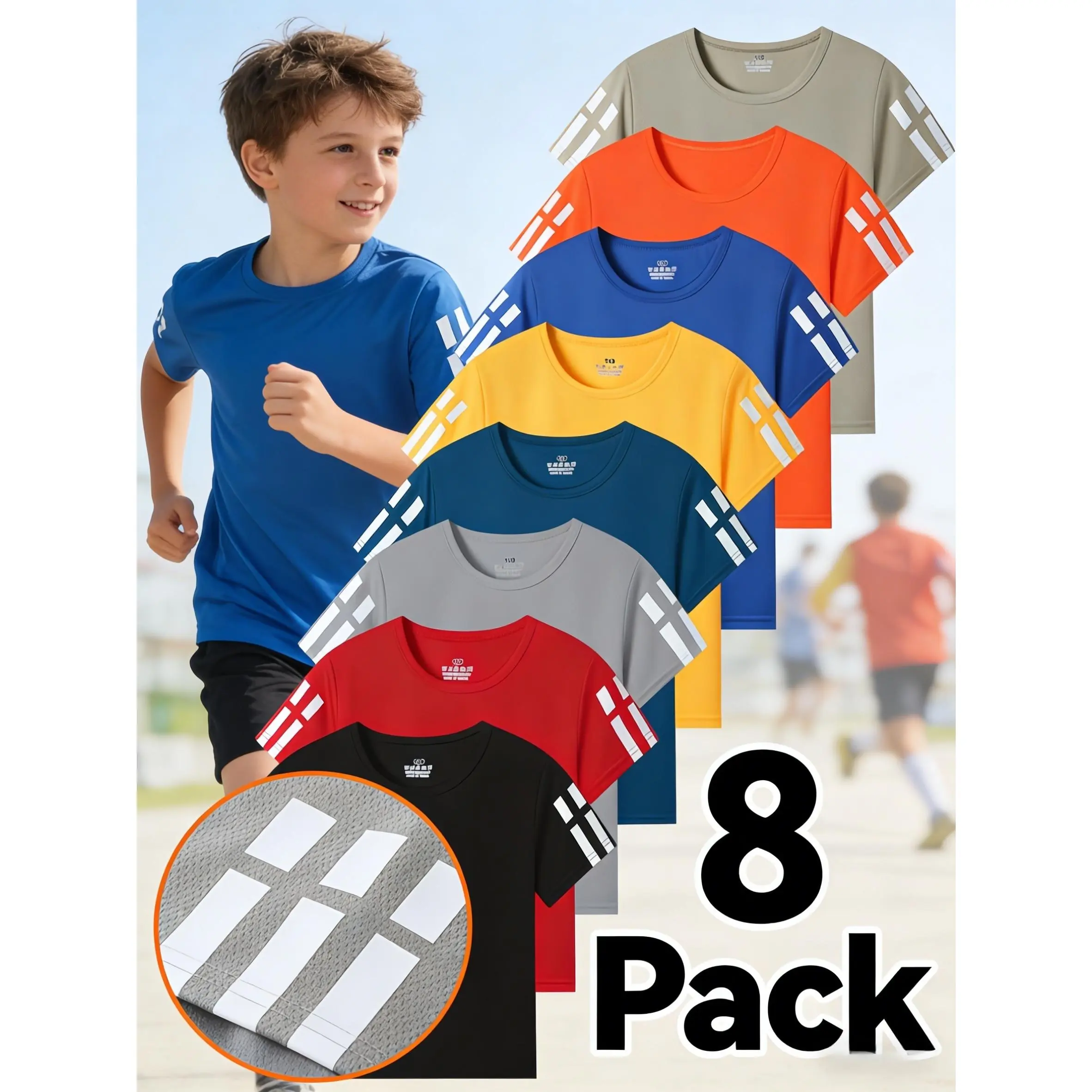 8-Pack Kids' T-Shirt Set, Breathable Mesh Short-Sleeve Tops with Side Stripes, Lightweight Quick-Dry Athletic Sets for Boys & Girls, Quick Dry Jersey Sports Tee Set Summer Sport Set