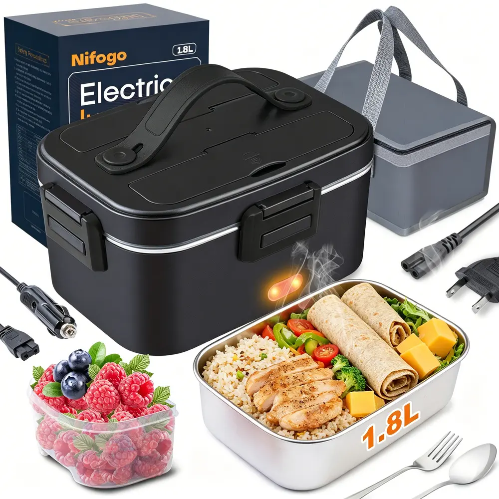 Electric Heated Lunch Box, 100W Fast Food Warmer, 304 Stainless Steel, 12V/24V/110V Portable Lunchbox for Truck Office Men, Lonchera Electrica Portatil para Trabajadores