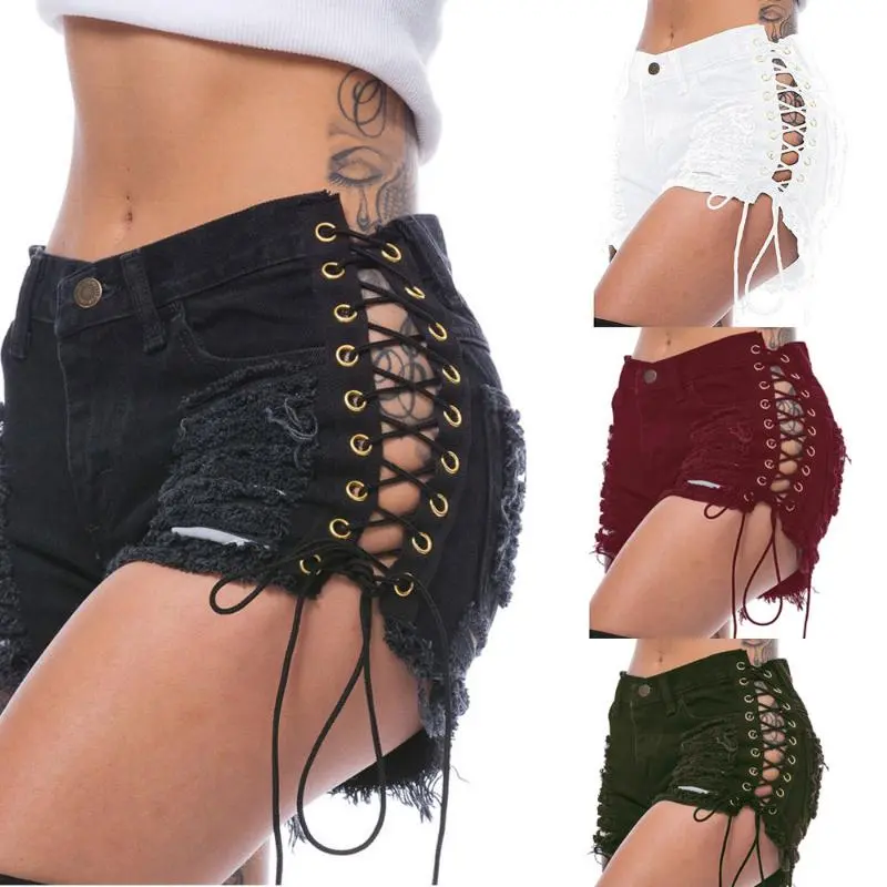 Side-Ripped Stretch Shorts |             Summer Hotpants |             Denim Cuts |             Adjustable Grommet Belt & Butt-Lifting Womenswear Apparel