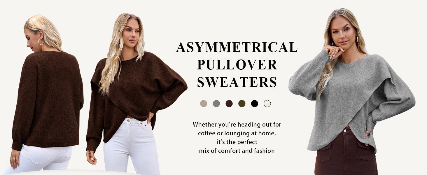 Imily Bela Womens Oversized Batwing Sweaters Long Sleeve Crew Neck Poncho Slouchy Knit Asymmetrical Pullover Tops
