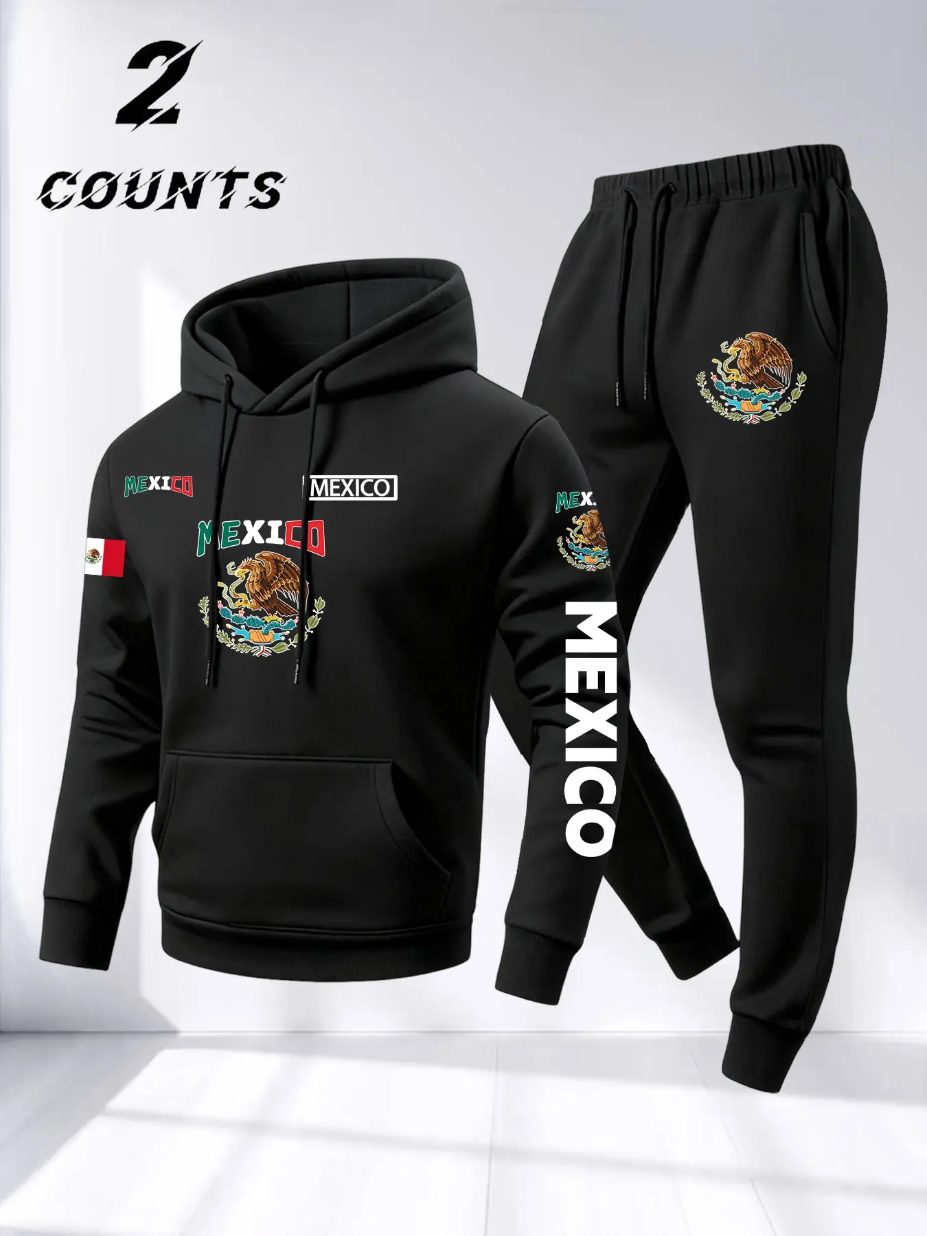 Men's Loose Fall Winter Set, Hoodie and Pants 2 Piece, Street Fashion Style, Mexican Flag Letter Design, Comfortable Daily Wear, Long sleeves, Sweatshirt, Menswear, Trouser