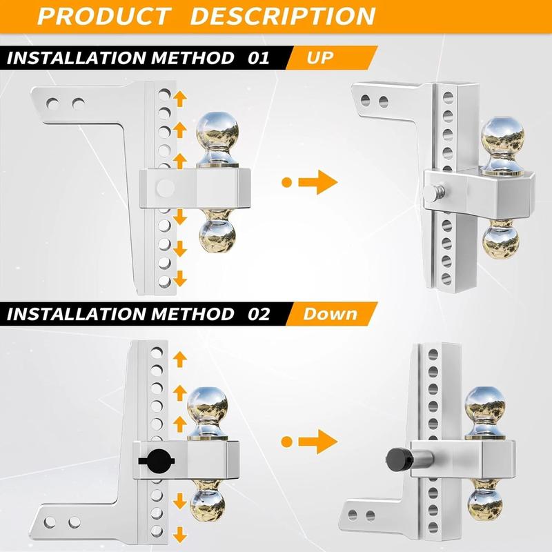 Aluminum Adjustable Trailer Tow Hitch 2"&2.5'' Receiver 10" Drop 12,500 LBS - 18,500 LBS with 2 Locking Pins