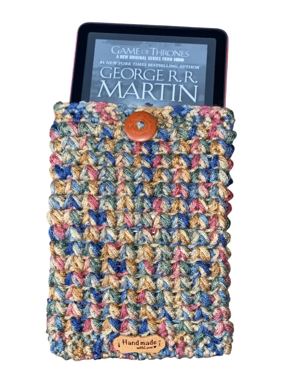 Handmade Crocheted Cover Sleeve for Kindle Paperwhite E-Reader - Gift for Book Lovers and Bookworms - BookTok - Mother's Day - iPad - Protective Case for Tablet Nook - Vegan Leather Tag - Multicolor - Autumn Fall Colors - Electronic Screen Protector