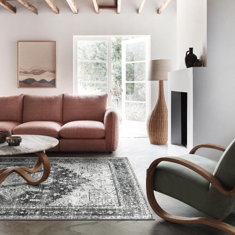 【TikTokShopBlackFriday】LOKHOM Non Slip Area Rug, Washable Carpet with Rubber Backing, Low Pile Faux Wool Soft Distressed Rug for Living Room, Bedroom, Dinning Room Vintage Design