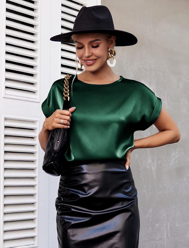 2 Pieces Sets Women's Short Sleeve Pullover Blouses Satin Silk Shirts Casual Loose Work Tunic Tops