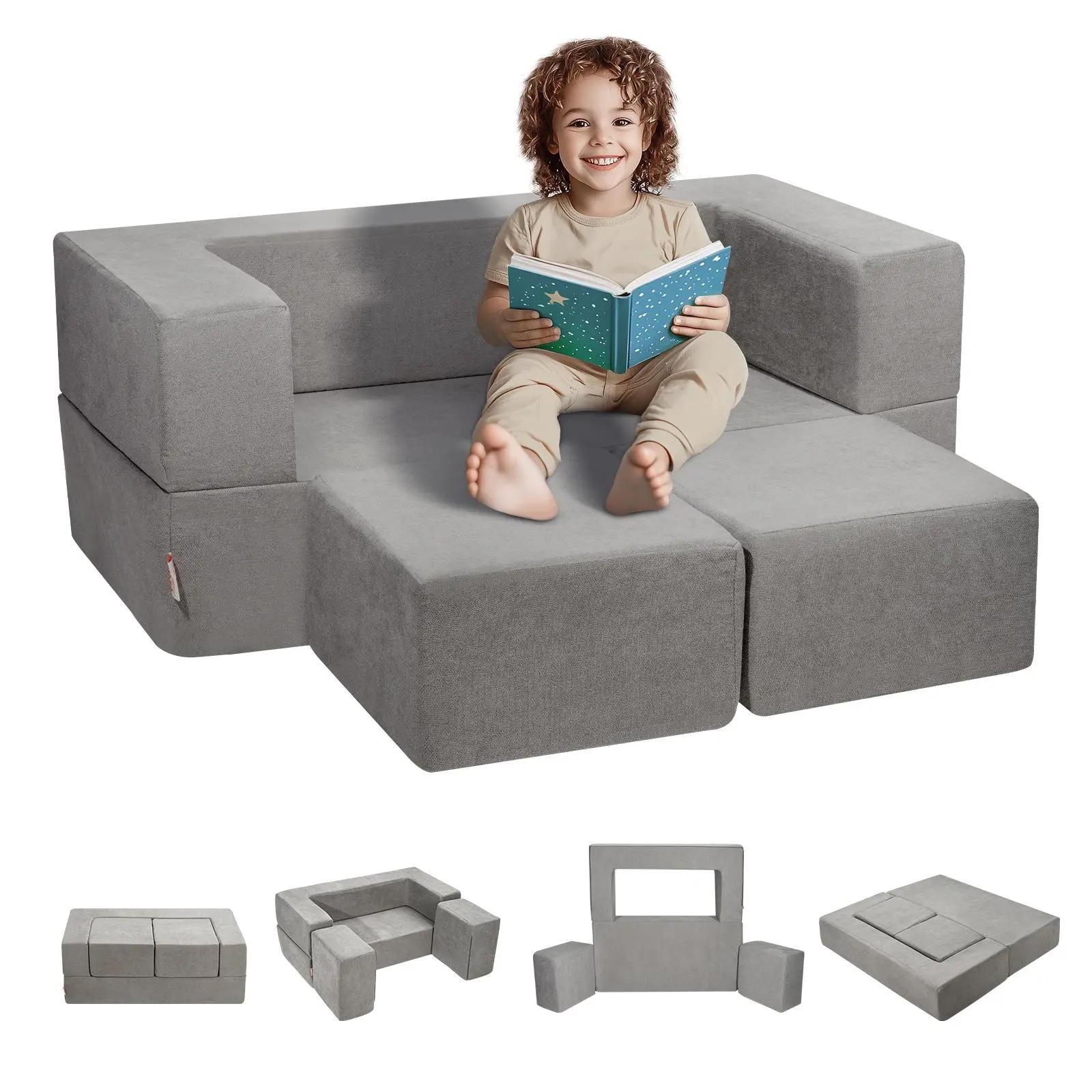 【SummerFinds】VEVOR Kids Couch,  4Pcs Modular Kids Play Couch, Toddler Couch Sofa Bed, Kids Chair Seat Playroom Furniture, Child Sectional Sofa with Removable Cover for Kids Girls & Boys, Grey