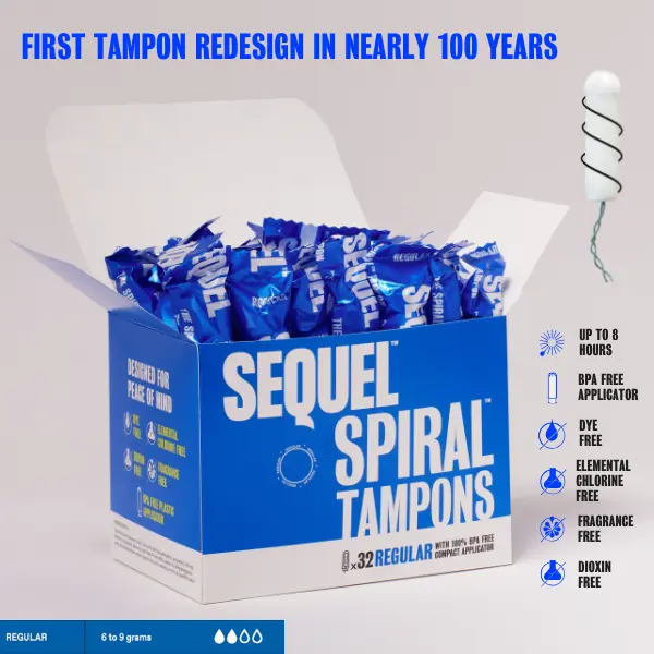 Sequel Spiral Tampons Regular - 32 Count, White, BPA-Free, Dye & Dioxin Free, Helical Grooves for Comfort, Gynecologist-Approved