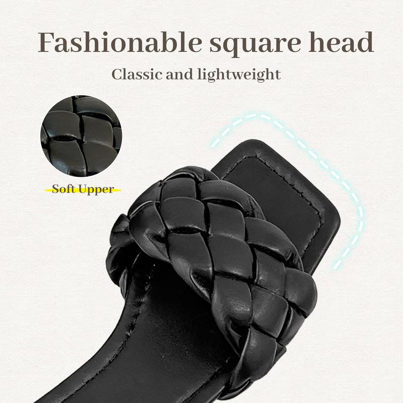 Breathable Fashion Square Toe Slide Sandals Women Woven Open Toe Flat Sandals Non-Slip Lightweight Casual Summer Footwear