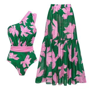 FLAXMAKER Women's One Shoulder Printed One Piece Swimsuit and Matching Cover Skirt Set Swimdress Stylish Beachwear Bathing Suit