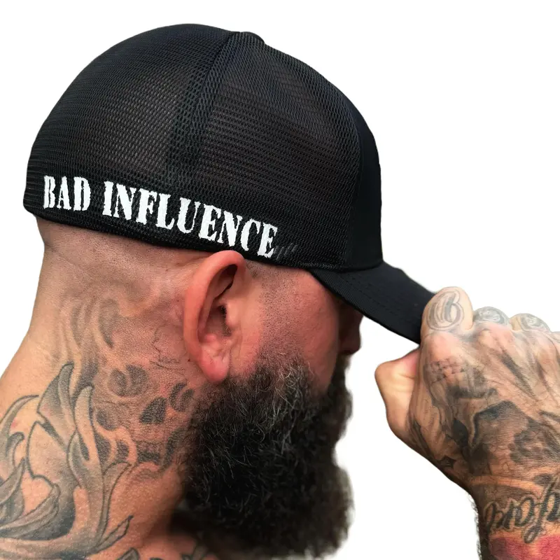 The Drive Clothing 'BAD INFLUENCE' Adjustable Stylish Graphic Hat - Seamless 5-Panel Mid Profile Baseball Cap, Black Cotton with White Font, Stretch Fit Flexfit Tech, Heather Jersey Front, Soft Mesh Back, Streetwear Everyday Comfort Visor Hat
