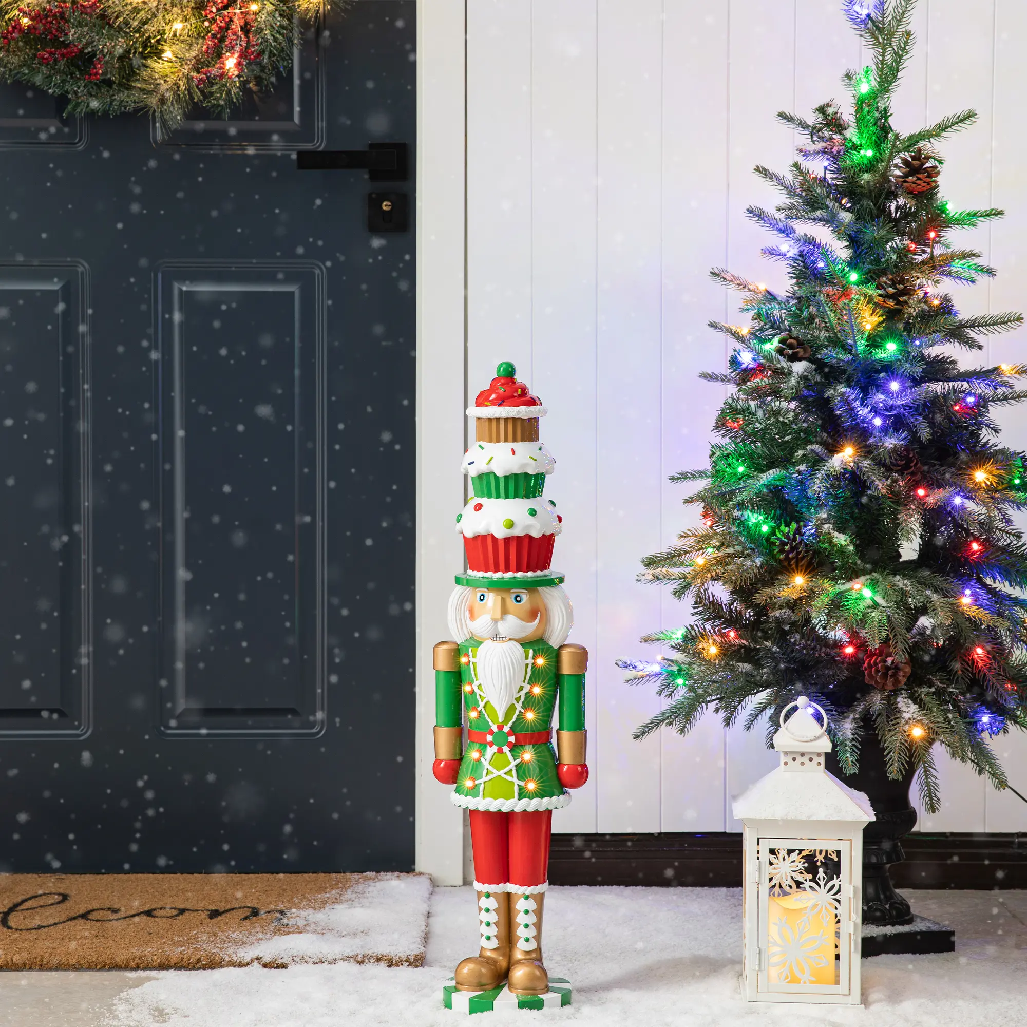 Glitzhome 28-in Modern Durable Lighted Resin Christmas Nutcracker Decoration, Irregular Cupcake Hat, Timer Function, Floor Mount Holiday Porch Ornaments, 2 AA Batteries Not Included