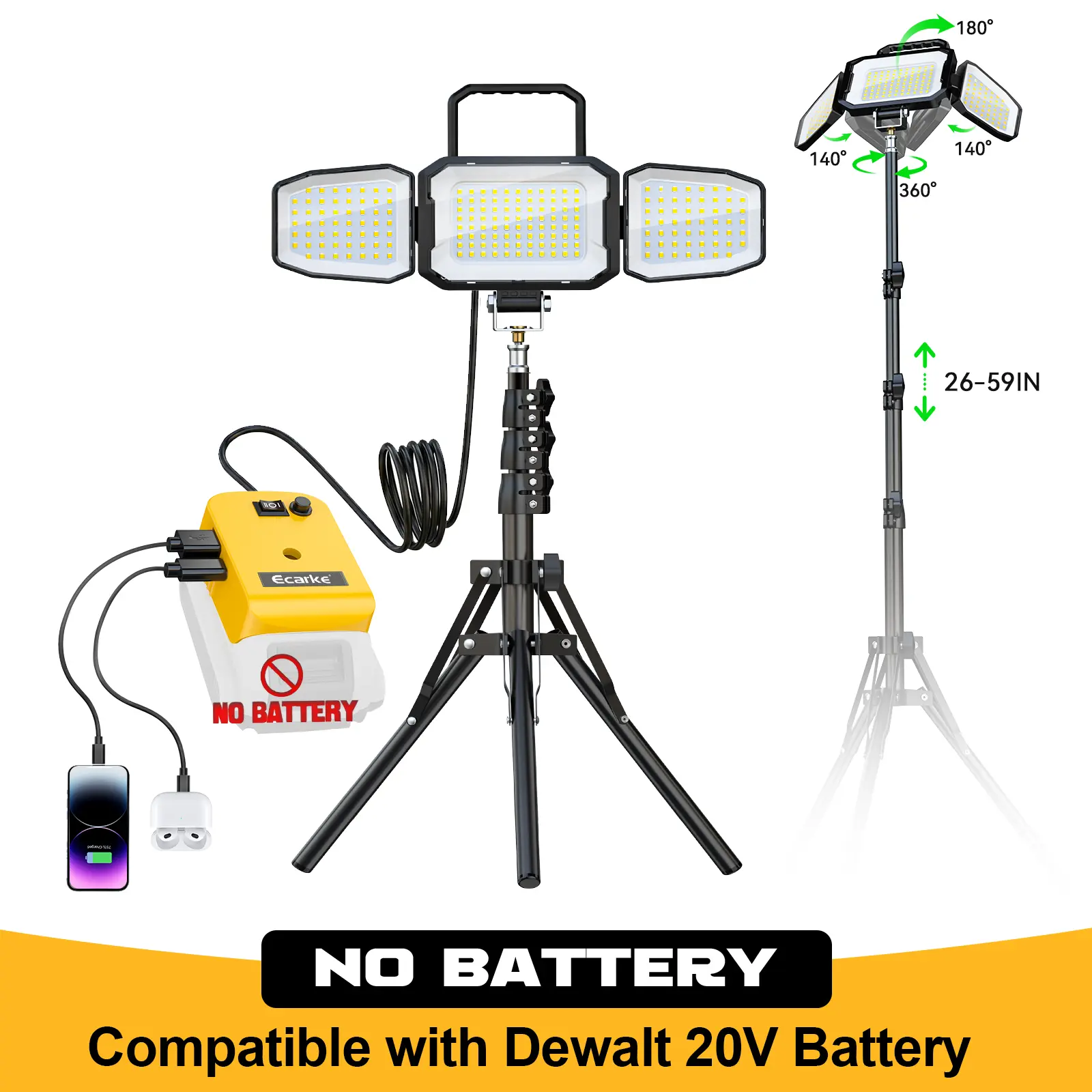 LED Work Light with 59" Tripod Stand Compatible with DeWalt 20V Battery ,【Battery Not Included】, 70W 7000LM 3-Head Adjustable Flood Light, Dual Brightness Modes, USB-C Rechargeable Portable Job Site Light