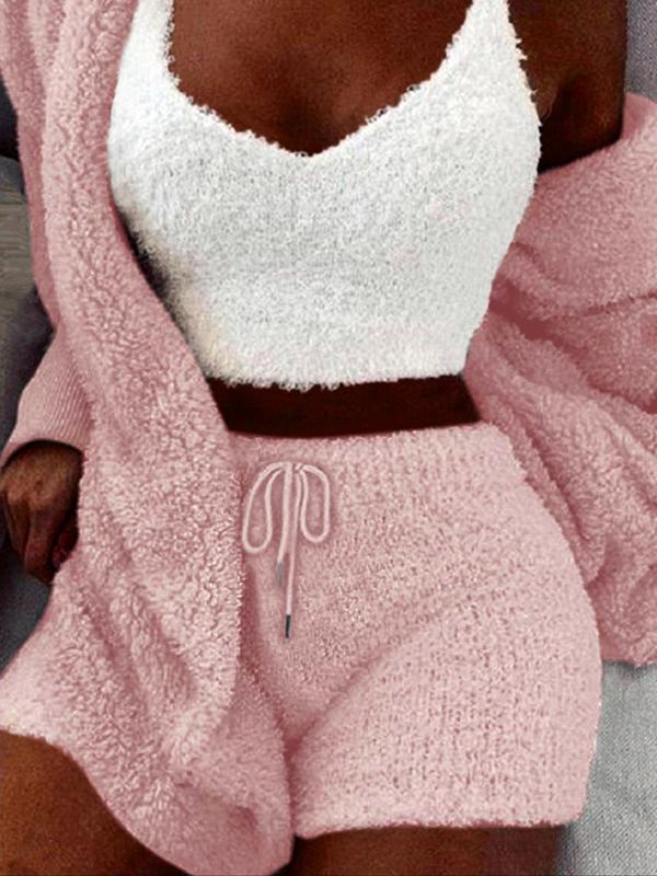 Women's Solid Color Plush Three-piece Pyjama Set, Fluffy Pajamas, Casual Comfy V Neck Cami Top & Hooded Coat & Tie Front Shorts Loungewear Set, Pajama Sets Women, Women's Sleepwear for Winter, Fluffy Pajamas, Cute Pajama Sets, Sleep Sets, Womenswear, Pjs