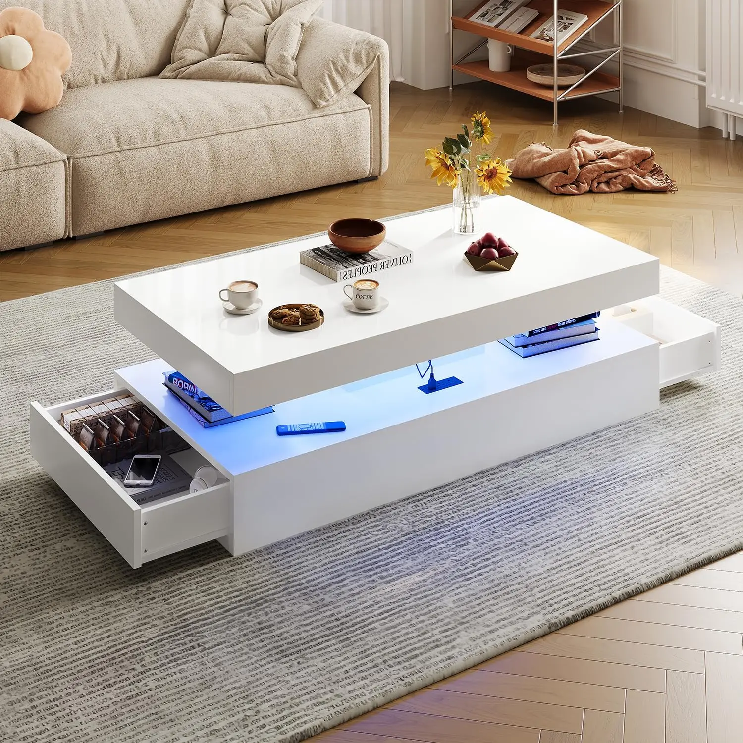 Aoxun 47”/39“ High-Glossy LED Coffee Table with 2 Sliding Drawers Modern Stylish Double-Layer Center Tables White Living Room Storage with LED Lights,dorm essentials,home decor