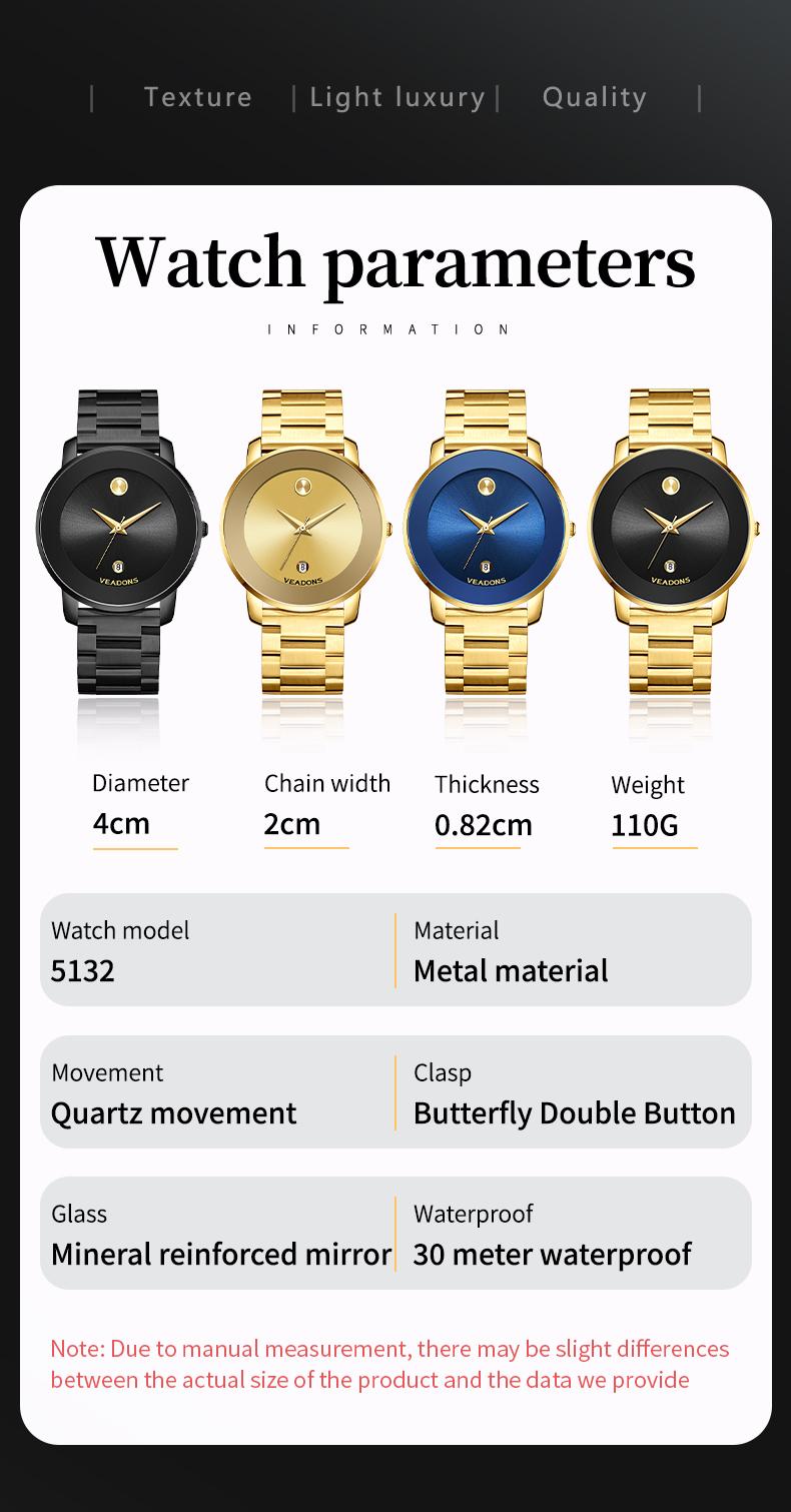 Luxury business quartz watches for ladies and gentlemen, featuring solid stainless steel straps, calendar function, and water resistance. With a minimalist design, they are elegant and durable, suitable for daily wear.