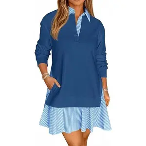 Wenrine Women's Oversized Sweatshirt Dress Casual Long Sleeve Collared V Neck Patchwork Loose Mini Dresses