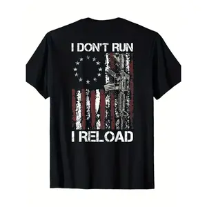 100% Cotton American Flag Patriots T-Shirt - 'I Don't Run I Reload Gun' Design, Short Sleeve, Round Neck, Machine Washable