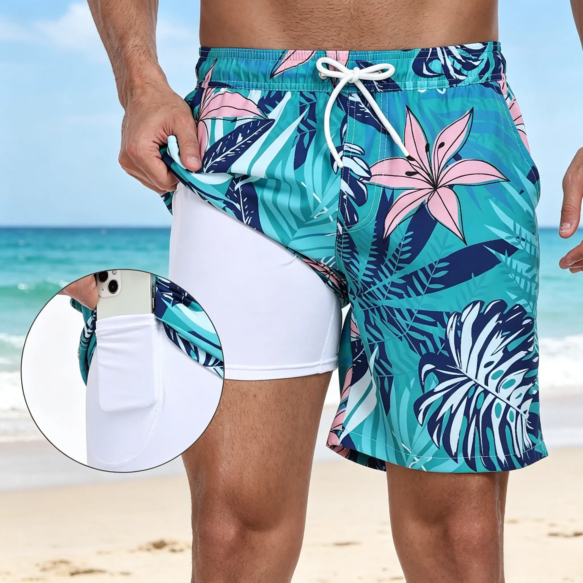 Men's Quick-Dry Beach Swim Trunks, 2-in-1 Swim Shorts with Compression Liner and Phone Pocket, Printed Beach Shorts for Swimming, Surfing, Gym Workouts, Summer Beach Vacations and Outdoor Activities
