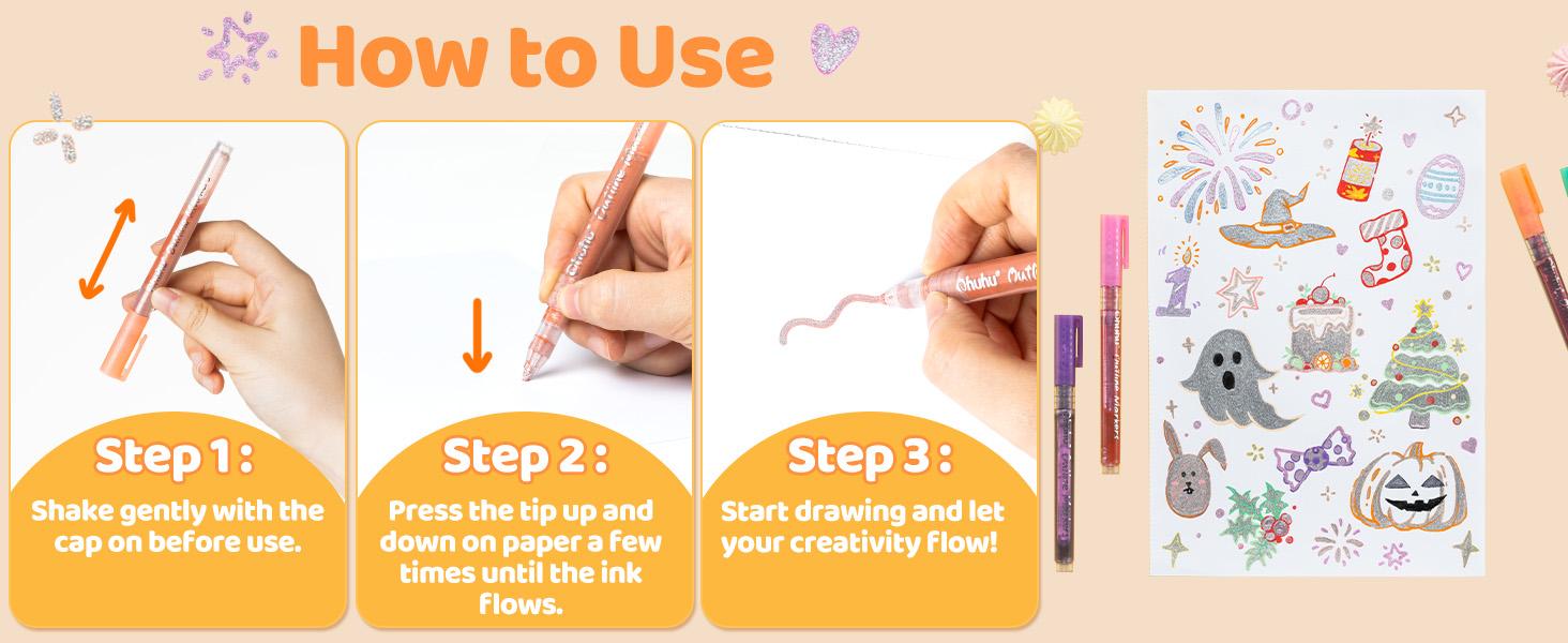 Ohuhu Glitter Markers: 18 Outline Markers - Shimmer Glitter Metallic Double Line Drawing Pens for Adults Beginners Fun Crafts Art Supplies Gifts for Greeting Cards Glass Rock Plastic - Ohuhu Stocking Stuffers for Teen Girl