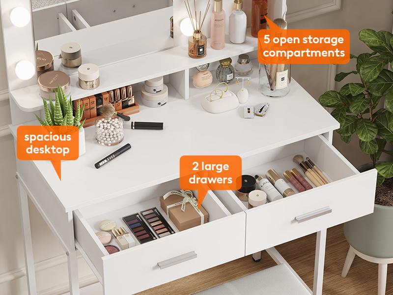 Lifewit Vanity Desk Set with Mirror and Lights, White Makeup Table with 2 Drawers & Chair 3 Adjustable Brightness Wooden Top Iron Frame Mothers Day Gifts