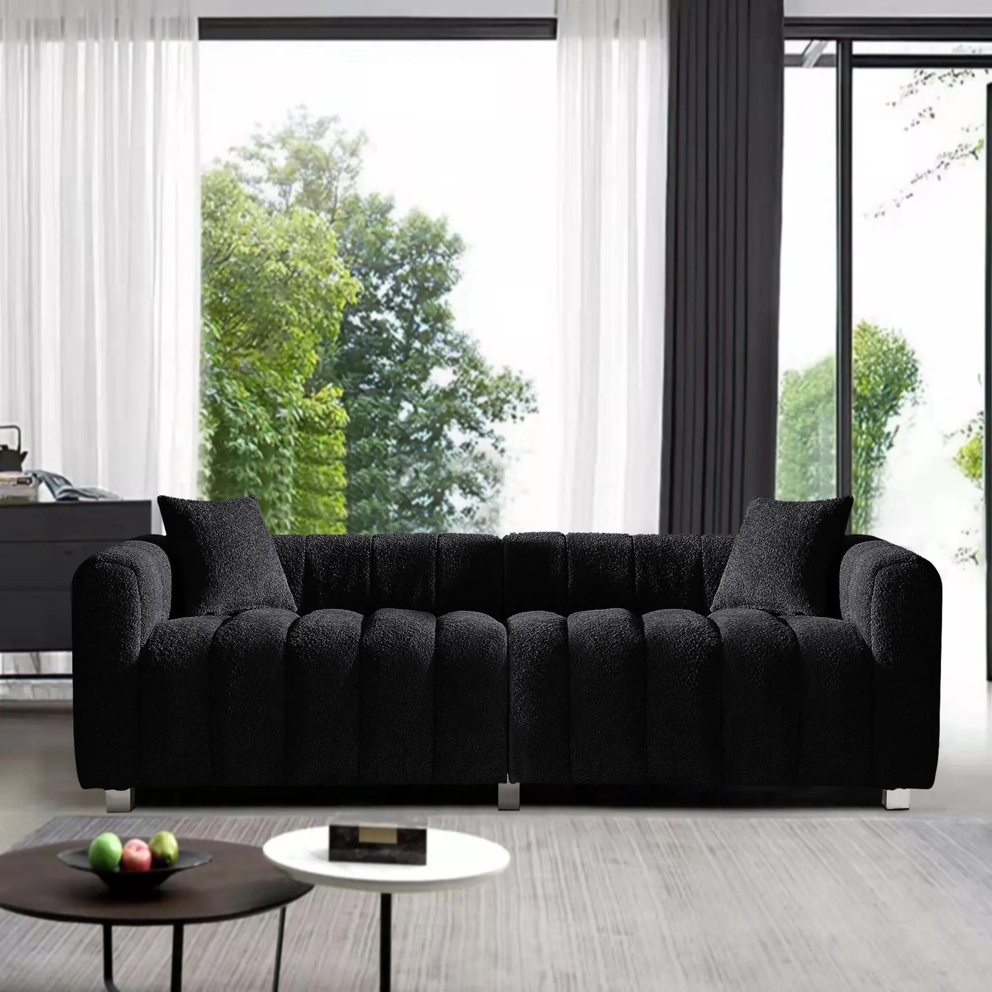 SZLIZCCC 83.4" Teddy Fabric Sofa, Modern Tufted 3-Seater Boucle Couch with 2 Pillows, Solid Wood Frame Comfy Loveseat for Living Room, Bedroom, Office, Aesthetic Home Decor