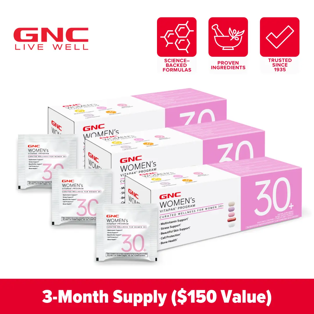 GNC 3-Pack Bundle: Women's 30+ Vitapak, 90 day supply, Multivitamin for Daily, Stress & Bone Support, Skin Protection, Supplements, Jumpstart