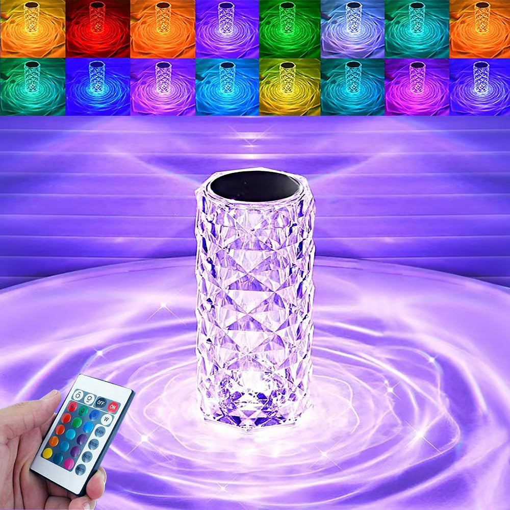 Crystal Table Lamp with Remote & Touch Control Rose Wave Lamp 4 Modes 16 Color Changing Night Light Rechargeable Dimmable RGB Rose Diamond Ambient Mood Lighting Portable Cordless Desk Lamp for Bedroom Living Room Party