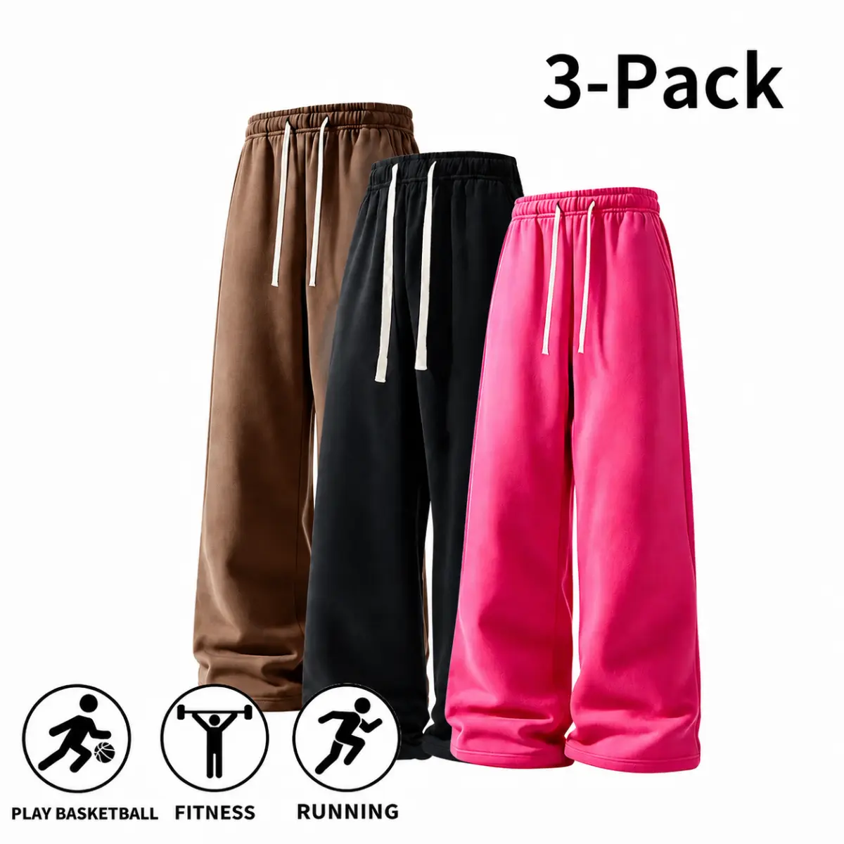 Men's 3-Pack Straight-Leg Cotton Blend Athletic Trousers, Drawstring Loose Graphic Pants with Pockets, Hand Wash Only for Running, Everyday Wear