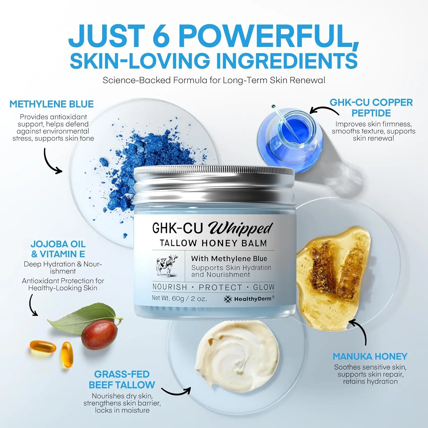 Copper Peptides GHK-Cu Beef Tallow for Skin: Blue Balm with Methylene Blue, Manuka Honey & Vitamin E Natural Face and Body Moisturizer for Mature, Dry & Delicate Skin 2oz - Copper Peptides GHK-Cu Beef Tallow for Skin: Blue Balm with Methylene Blue, Manuka Honey & Vitamin E Natural Face and Body Moisturizer for Mature, Dry & Delicate Skin 2oz -
