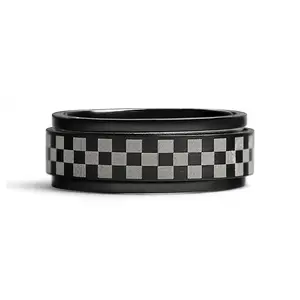 Black 316L Stainless Steel Checkered Spinner Ring