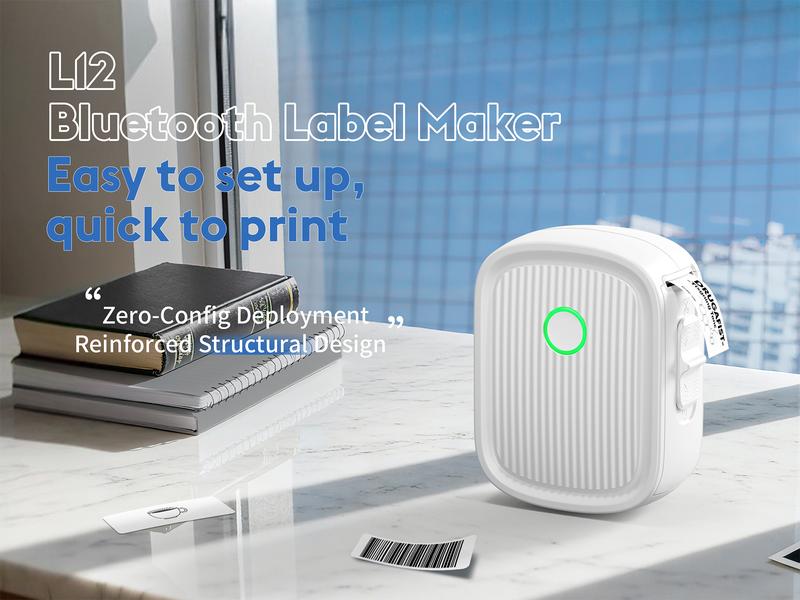 Mini Label Printer with Tape Bluetooth Maker Machine L12 Strap Wireless Printer for iOS & Android, Perfect for Home, Office Storage Boxes Organizing Inkless Printer DIY Barcode Name Price Sticker Study Note Desk Accessories File Organization